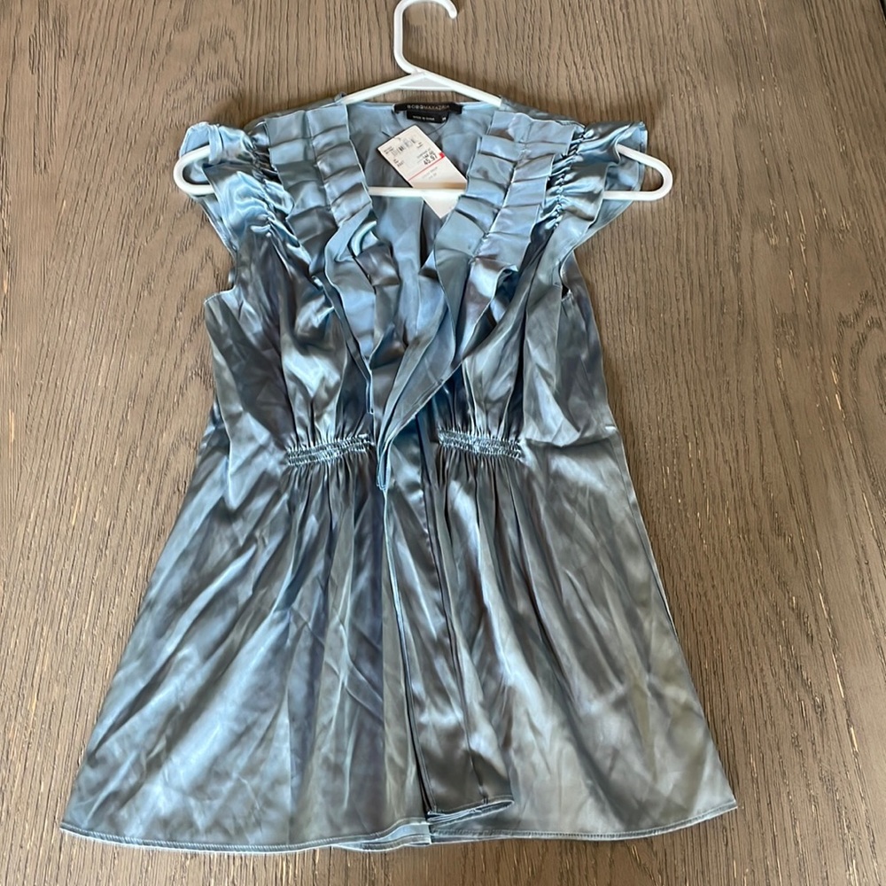 BCBG Silk Ruffle Neck Blue blouse in a size XS